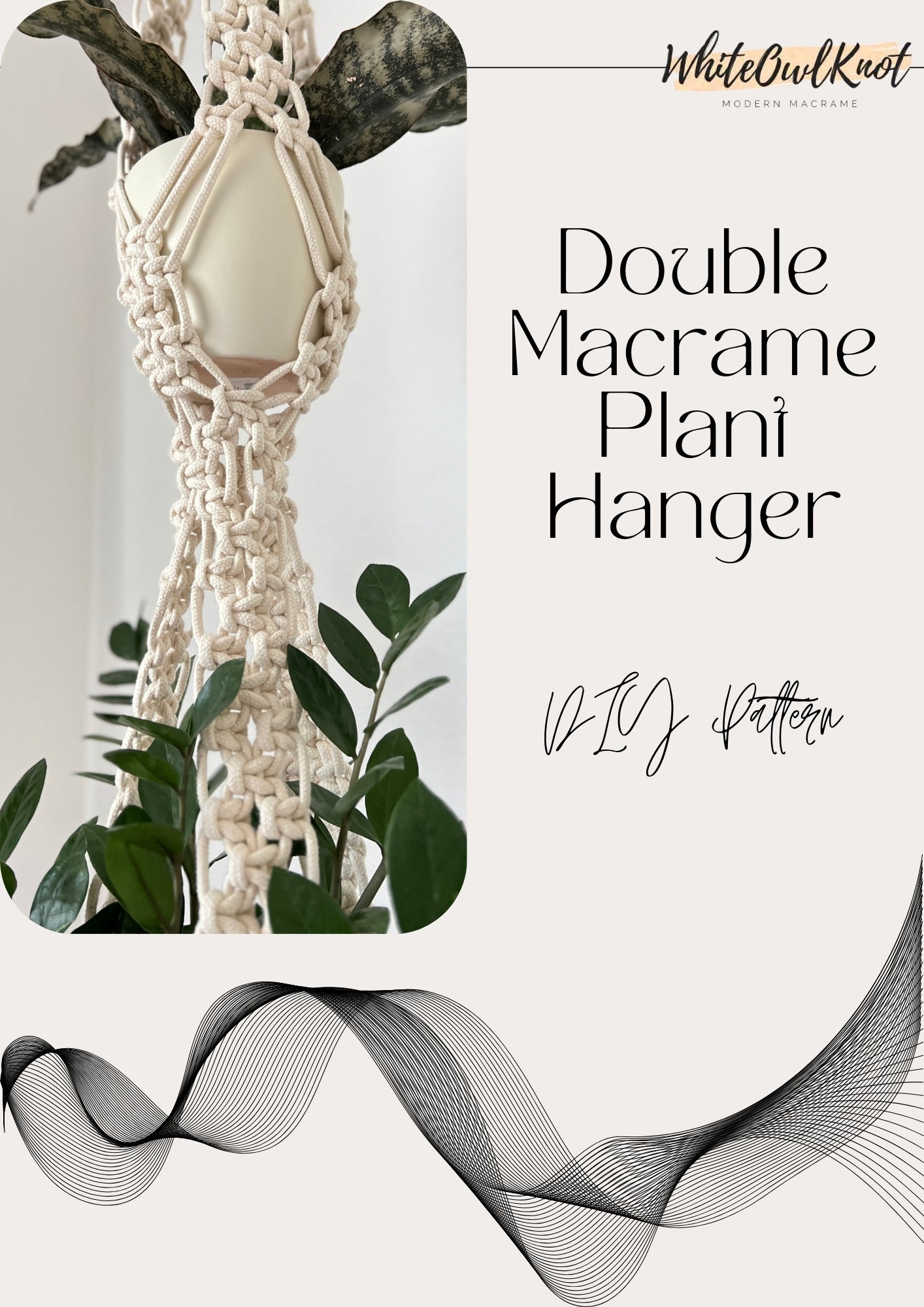 Double Macrame Plant Hanger with text overlay on a white background