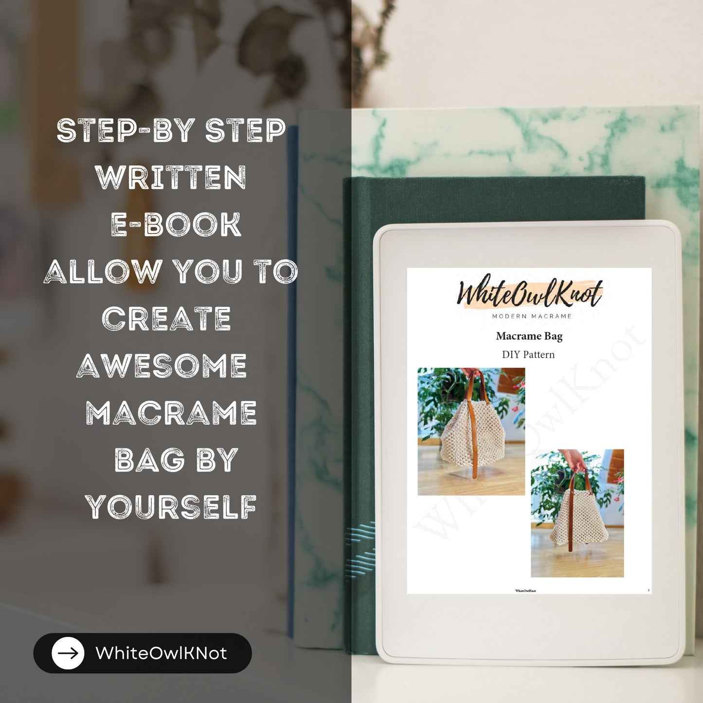 E-book cover for creating a macrame bag with text overlay