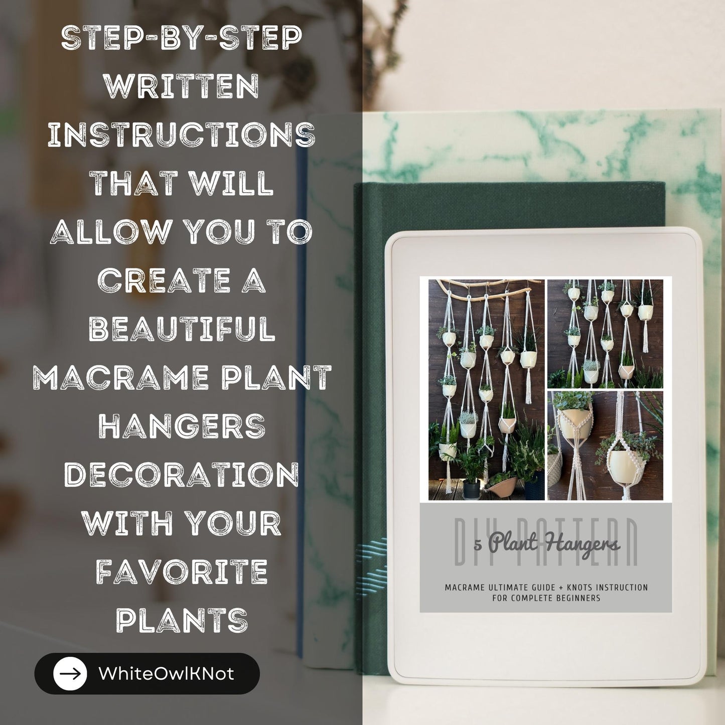 Book titled '5 Plant Hangers' with text about macrame plant hangers on a blurred background