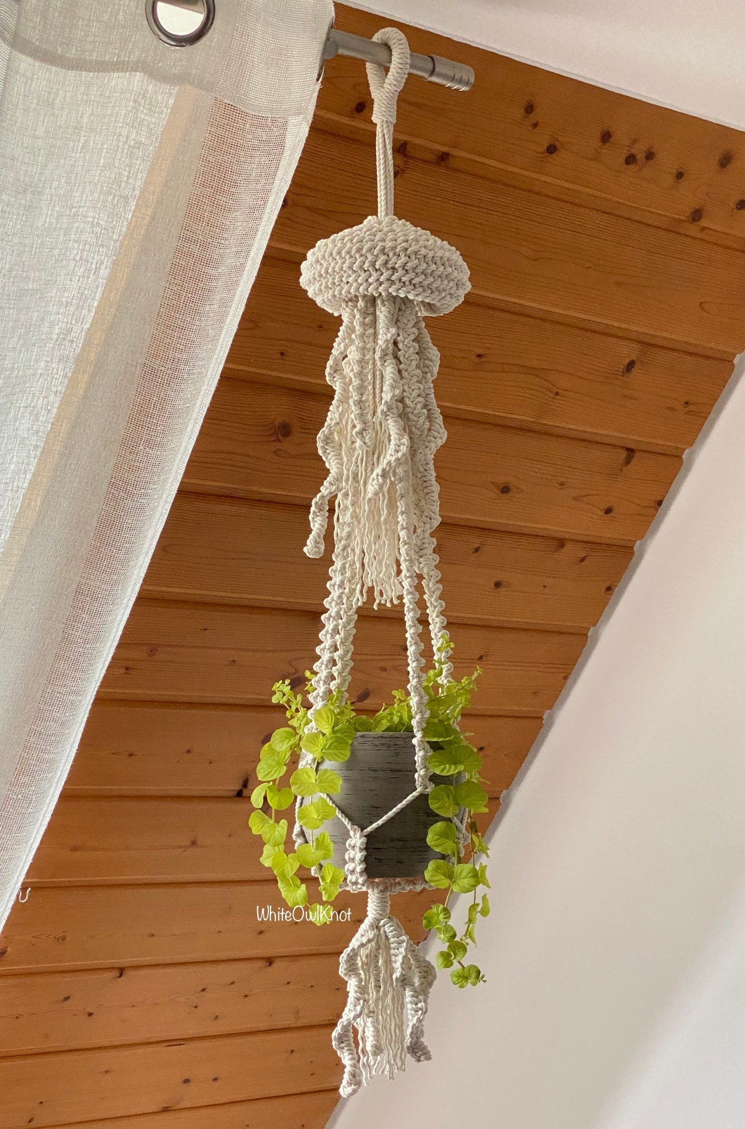 Macrame plant hanger with a plant against a wooden ceiling
