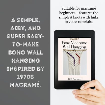 E-Reader displaying a DIY macramé wall hanging pattern with text about the product on a gray background.