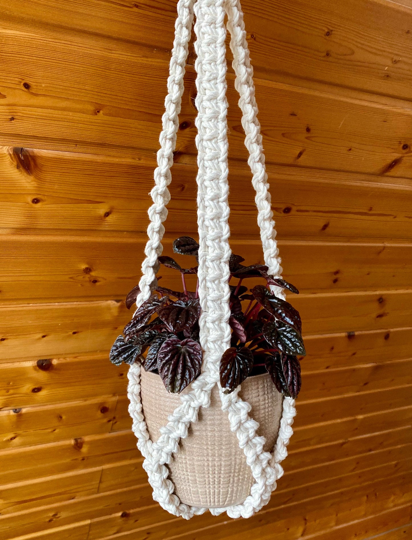 White macrame plant hanger with a plant against a wooden wall.