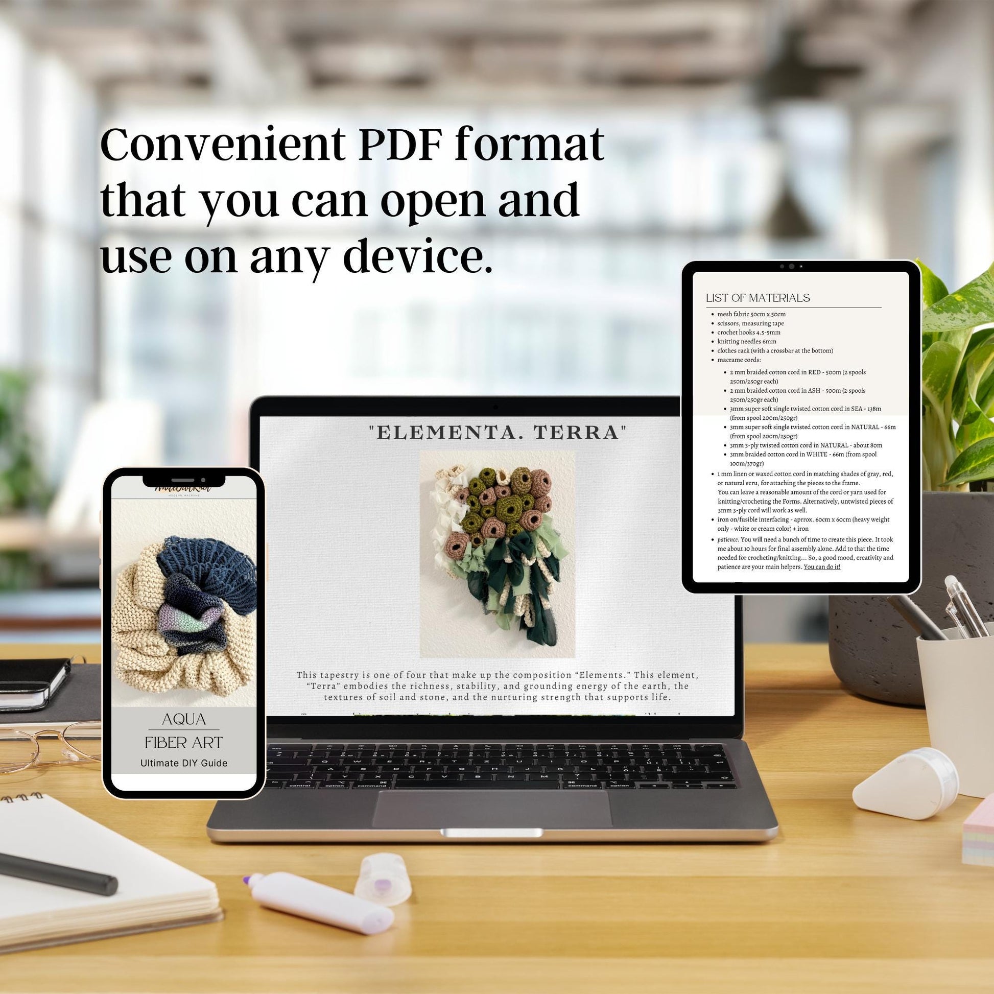 Laptop, smartphone, and tablet displaying PDFs on a desk with text about convenient PDF format.