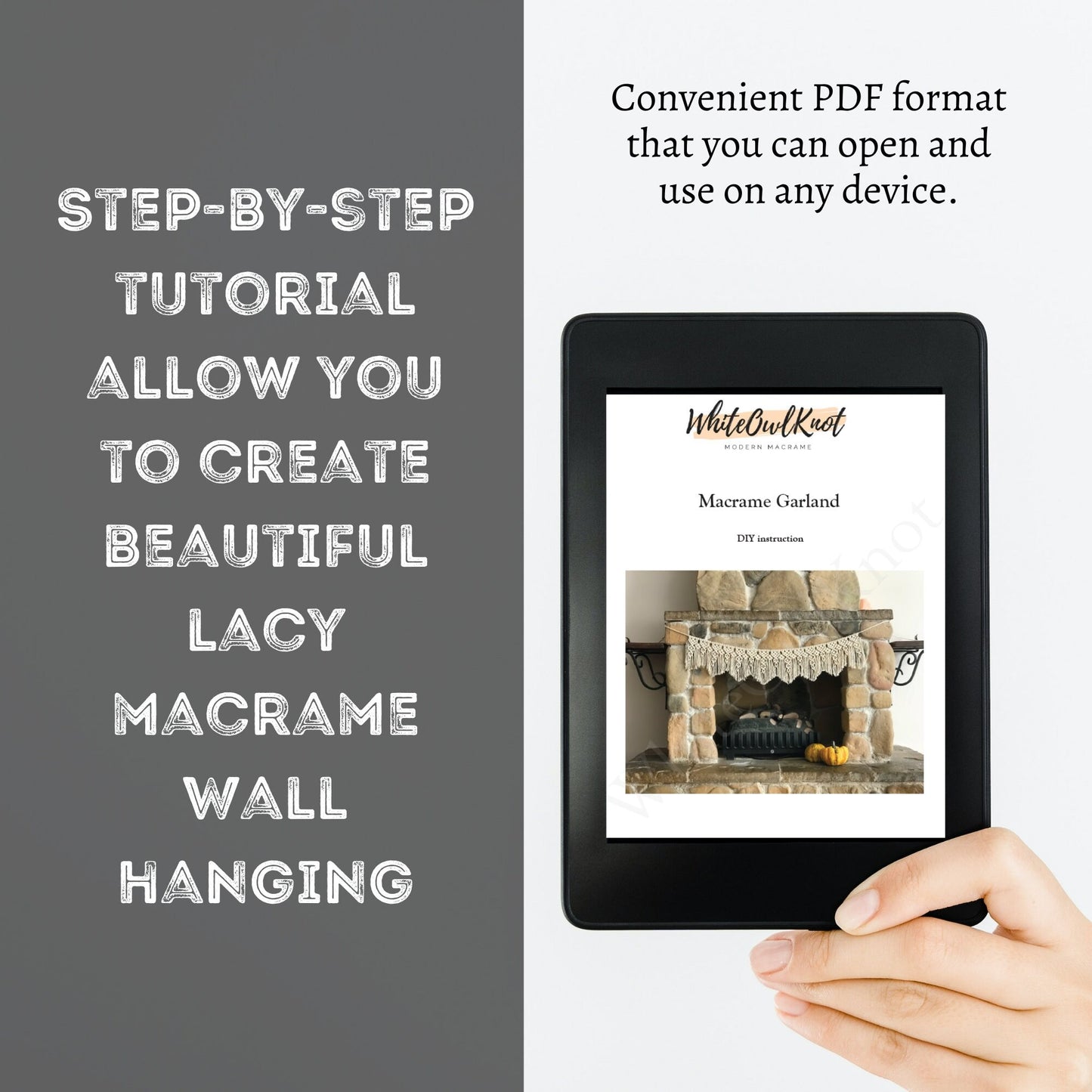E-Reader displaying a PDF tutorial on creating a macrame wall hanging, held by a hand.