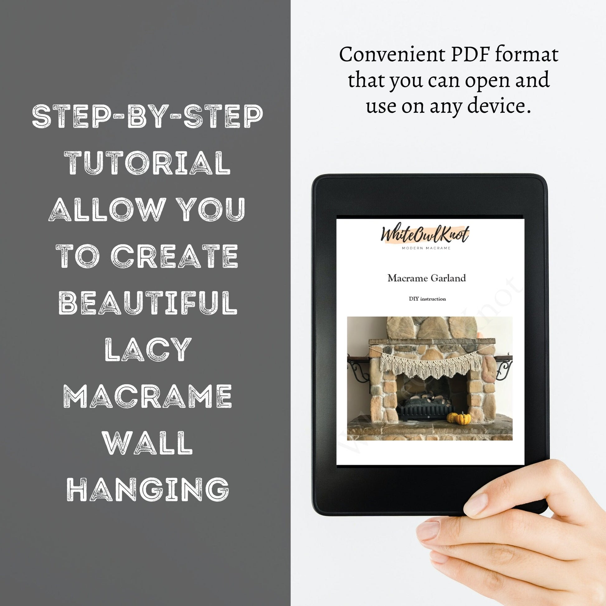 E-Reader displaying a PDF tutorial on creating a macrame wall hanging, held by a hand.