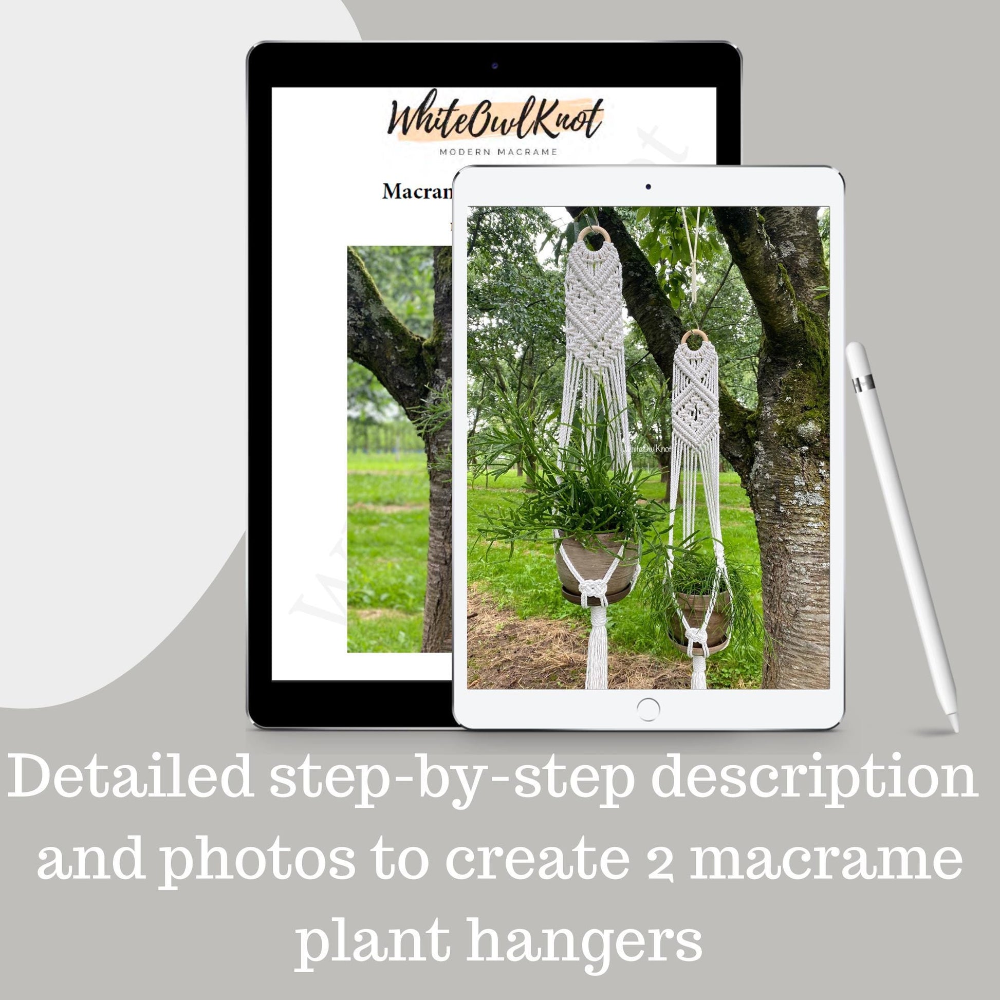 Tablet displaying a macrame plant hanger tutorial on a gray background