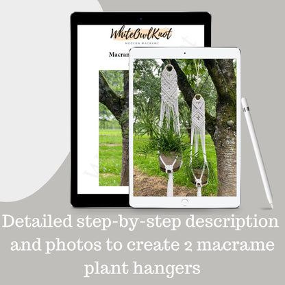 Tablet displaying a macrame plant hanger tutorial on a gray background