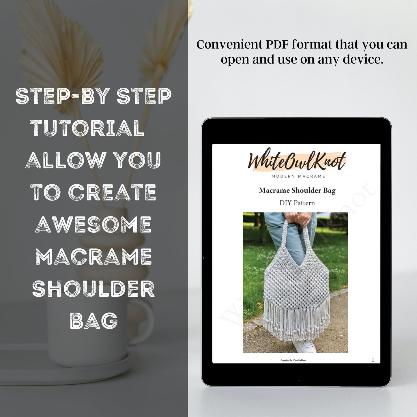 Tablet displaying a macrame shoulder bag pattern with text about a step-by-step tutorial.