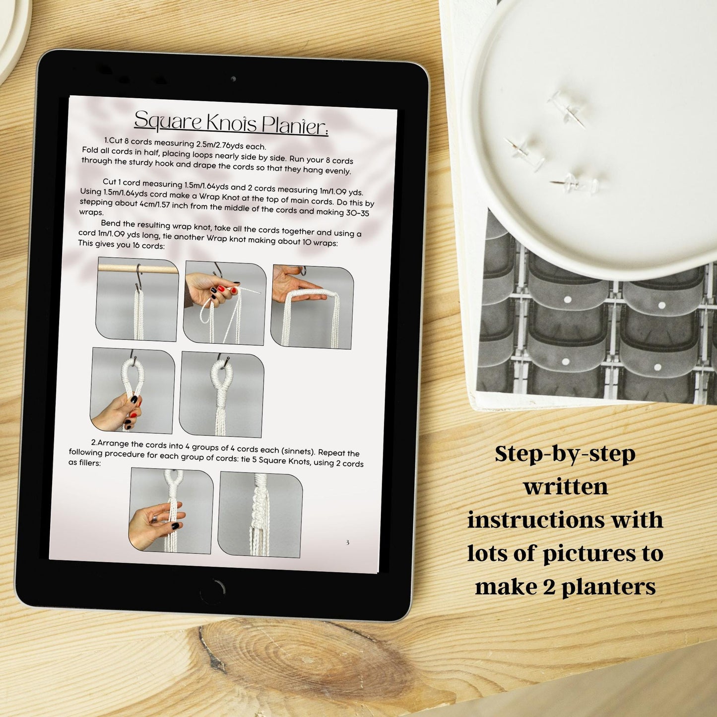 Tablet displaying step-by-step instructions for making planters on a wooden surface with a candle and yarn.
