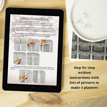 Tablet displaying step-by-step instructions for making planters on a wooden surface with a candle and yarn.
