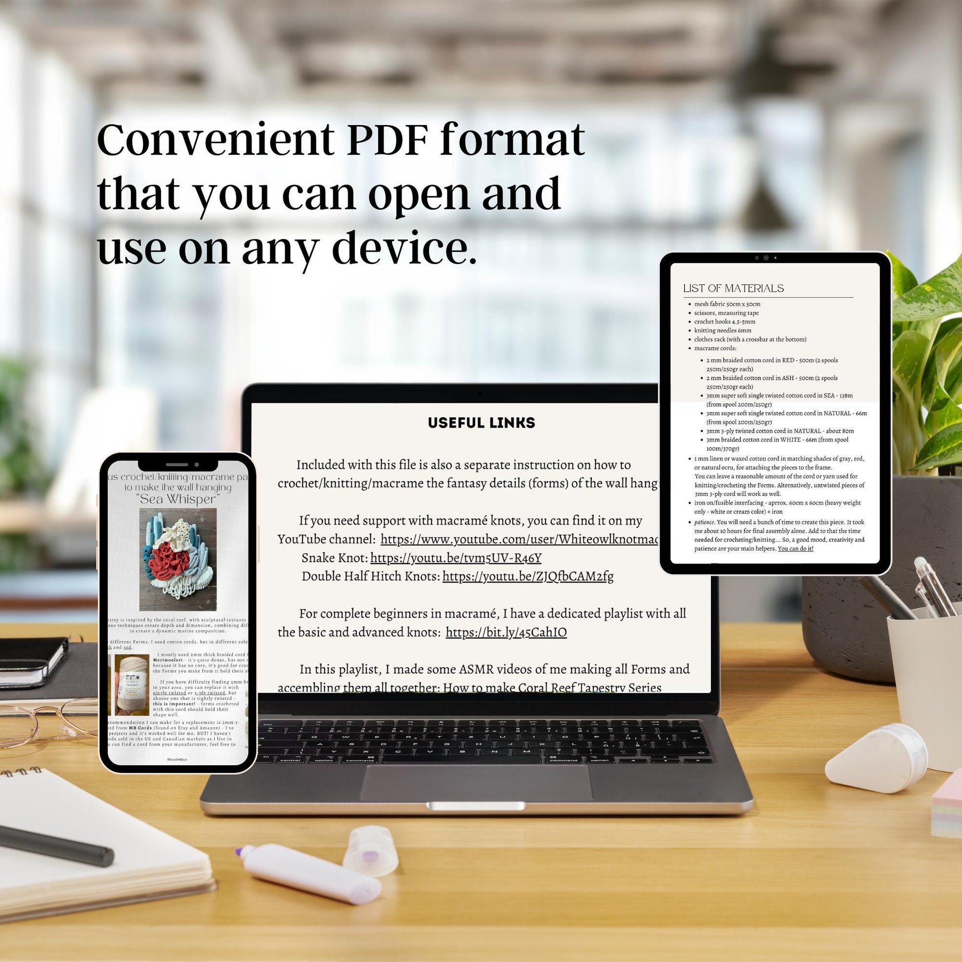 Laptop displaying a PDF document on a desk with text 'Convenient PDF format that you can open and use on any device.'