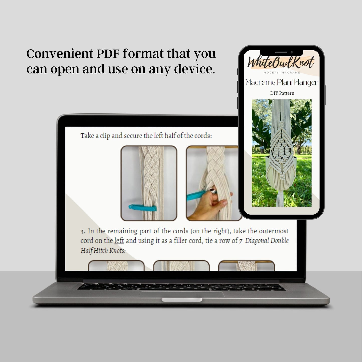 Laptop and smartphone displaying a PDF pattern for macrame plant hanger on a light gray background.