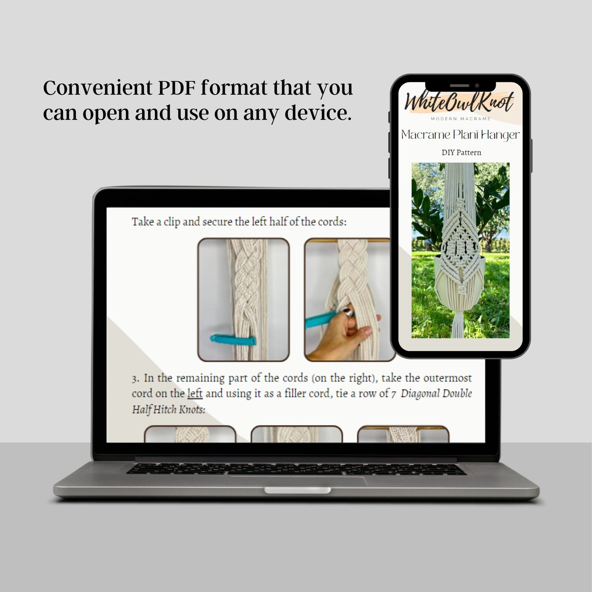 Laptop and smartphone displaying a PDF pattern for macrame plant hanger on a light gray background.