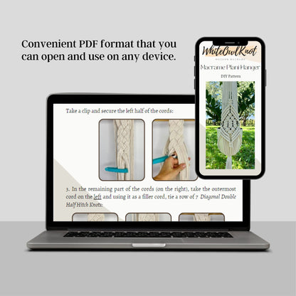 Laptop and smartphone displaying a PDF pattern for macrame plant hanger on a light gray background.