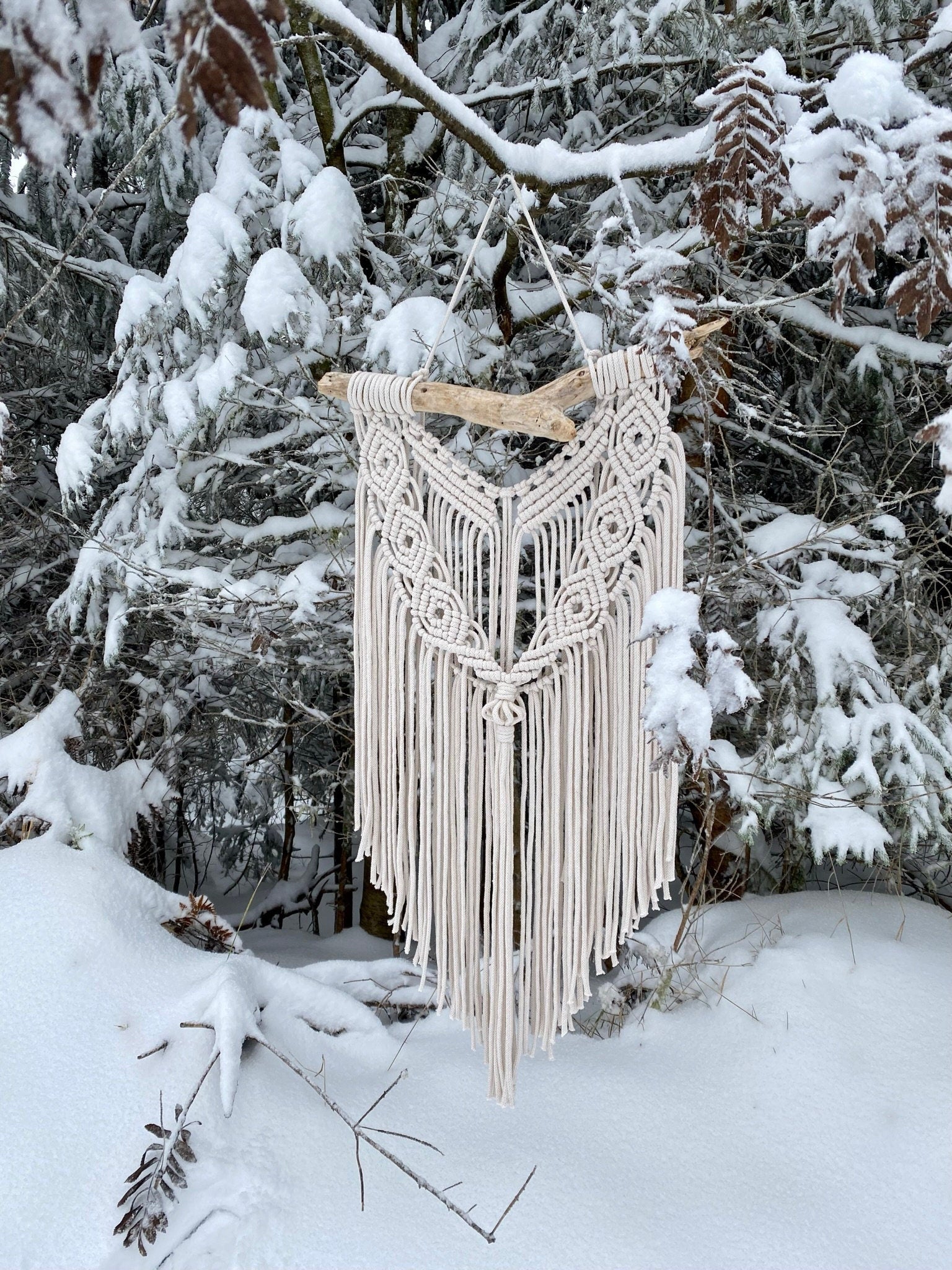 Macrame wall hanging in a snowy forest