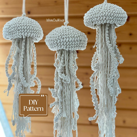 Three knotted jellyfish decorations hanging against a wooden background with 'WhiteOwlKnot' branding.