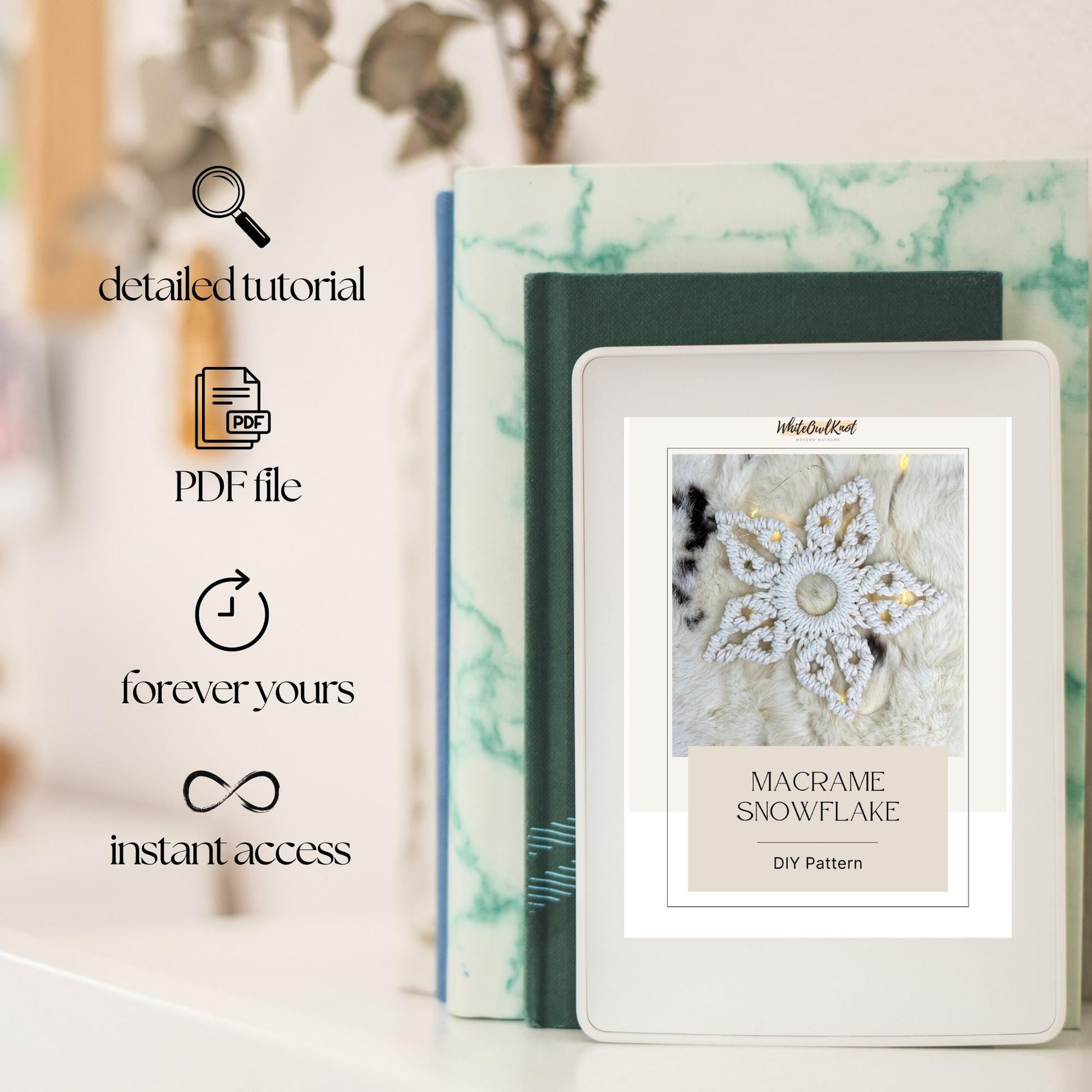 Macrame snowflake DIY pattern book with digital download options on a blurred background