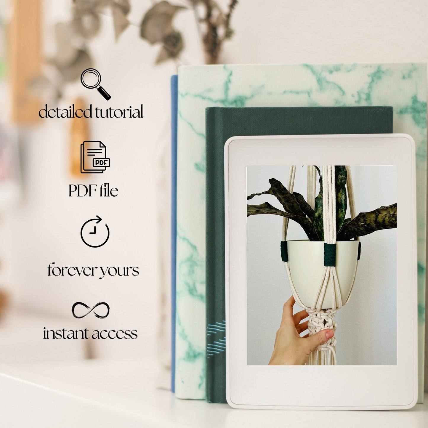 Digital product with a plant image and text about a detailed tutorial, PDF file, and instant access.