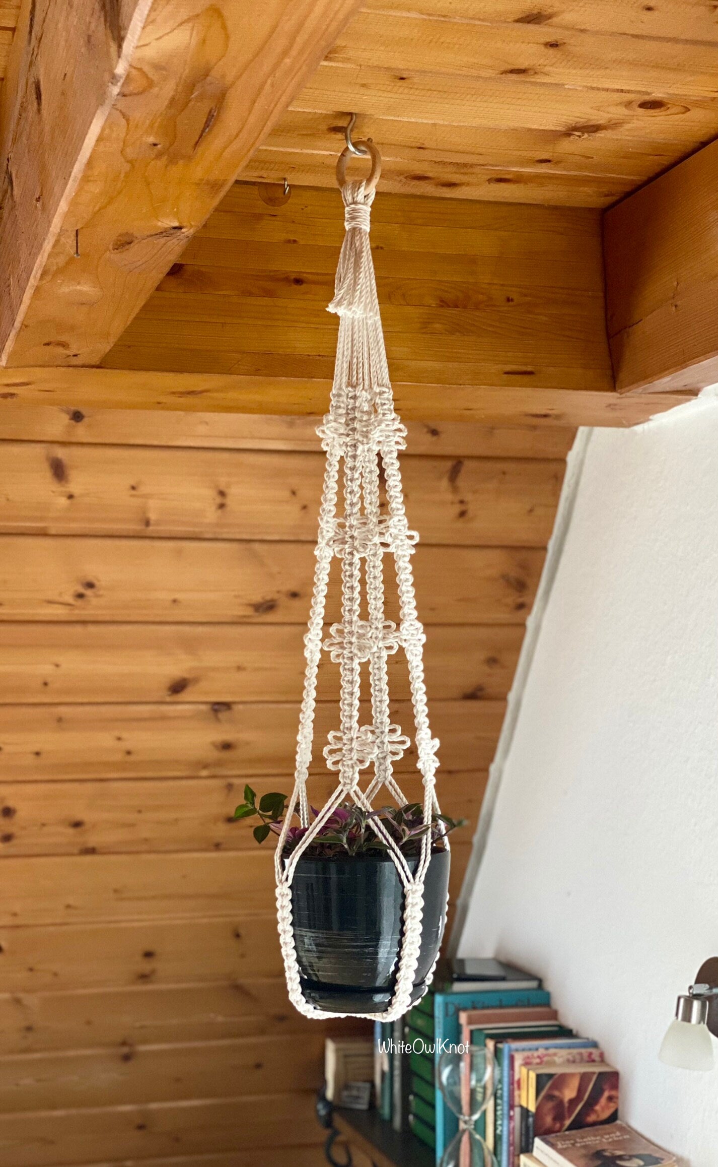 Macrame plant hanger with a pot of plants against a wooden wall.