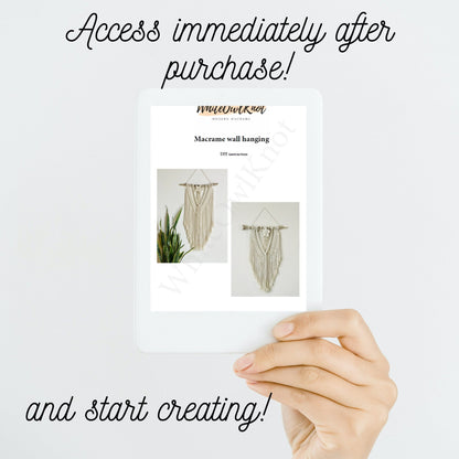 Hand holding a card with macrame wall hanging images and promotional text on a white background