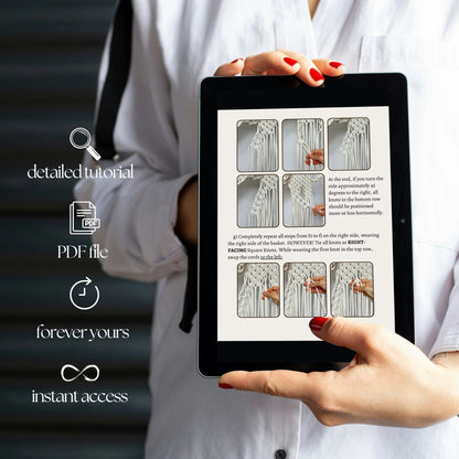 Person holding a tablet displaying an instructional PDF with text and images.