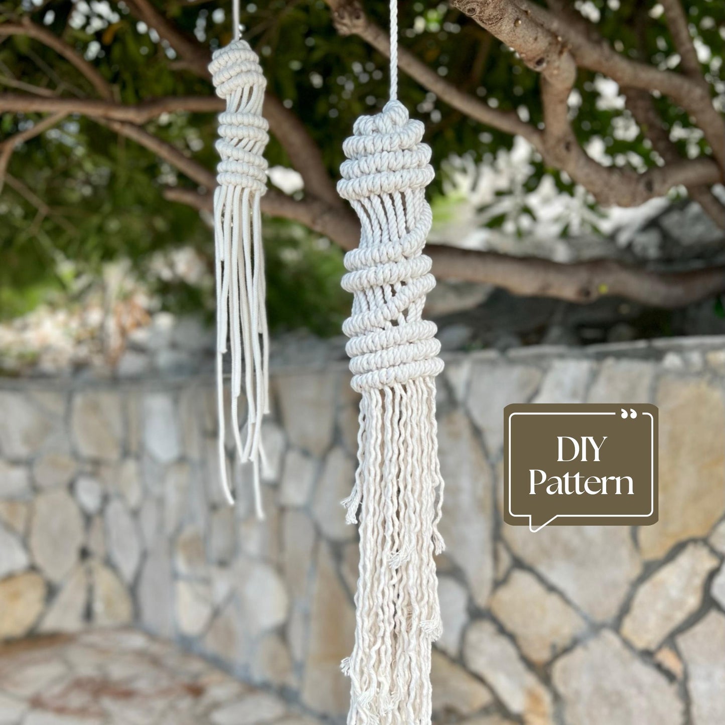Macrame hanging decor with a stone wall and tree in the background, featuring 'DIY Pattern' text.