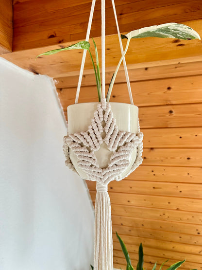 Macrame plant hanger with a plant against a wooden wall.