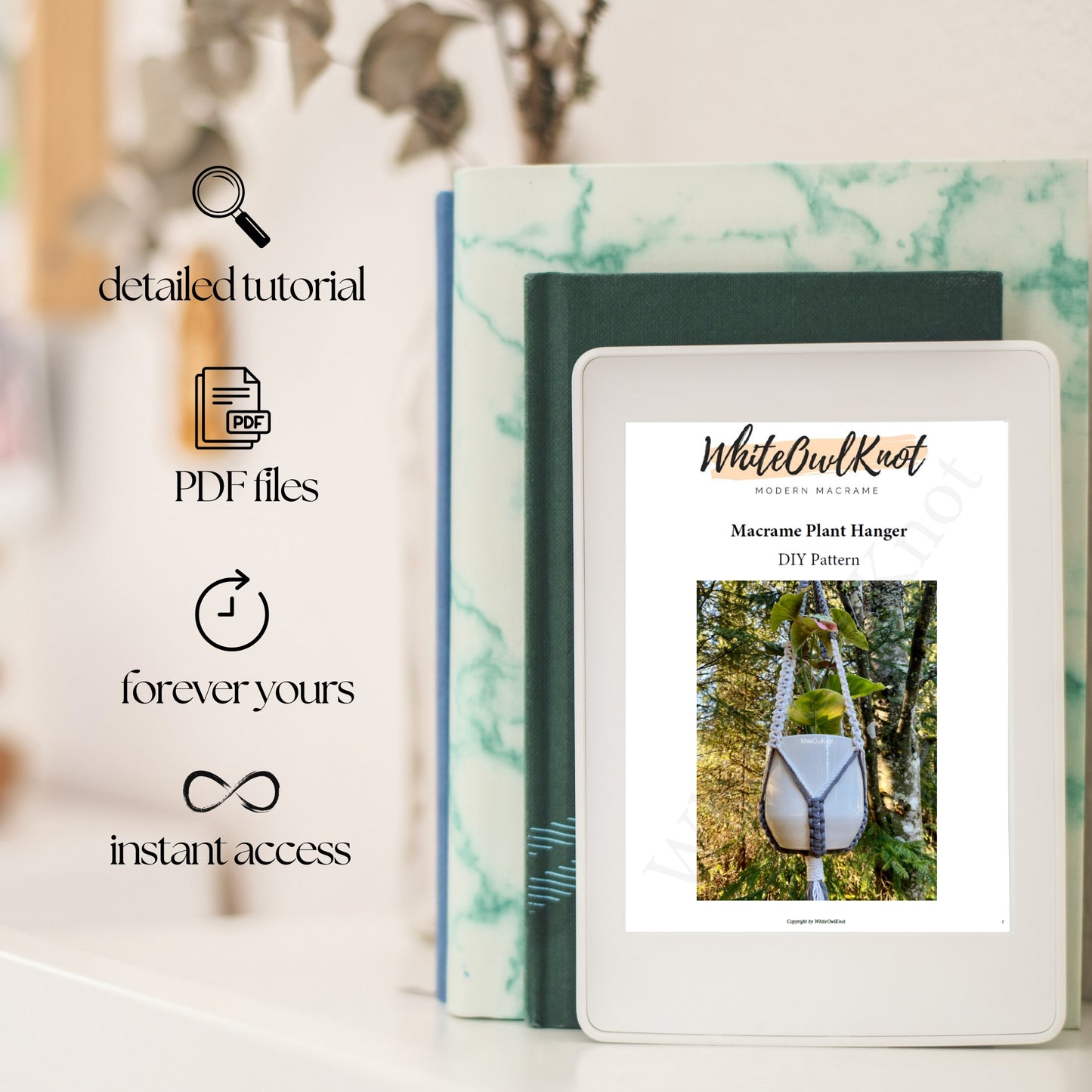 Digital product with a PDF file icon and text overlay on a blurred background