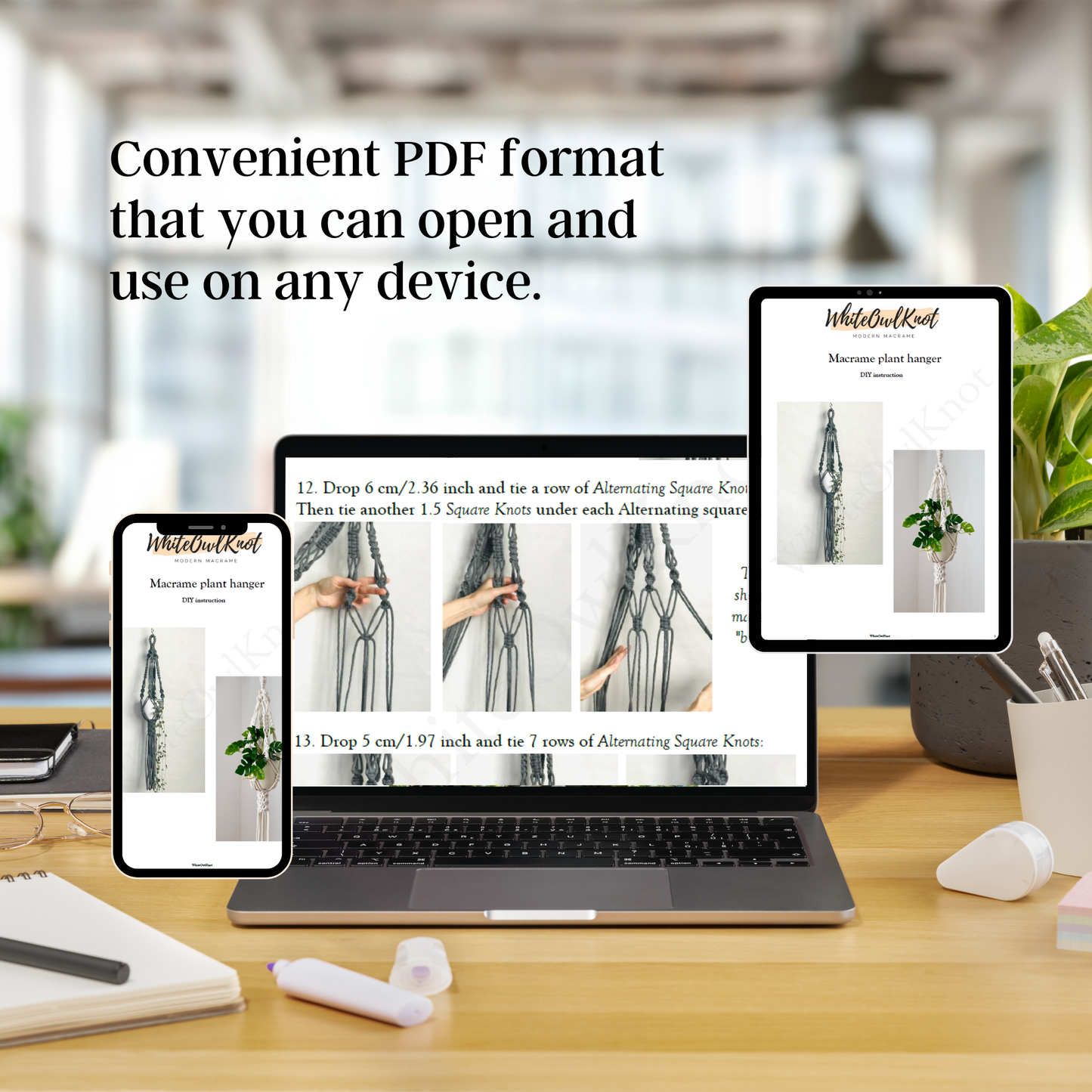 Laptop displaying a PDF on a desk with text 'Convenient PDF format that you can open and use on any device.'