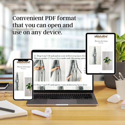Laptop displaying a PDF on a desk with text 'Convenient PDF format that you can open and use on any device.'