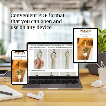 Laptop displaying a PDF on a desk with text about convenient PDF format.