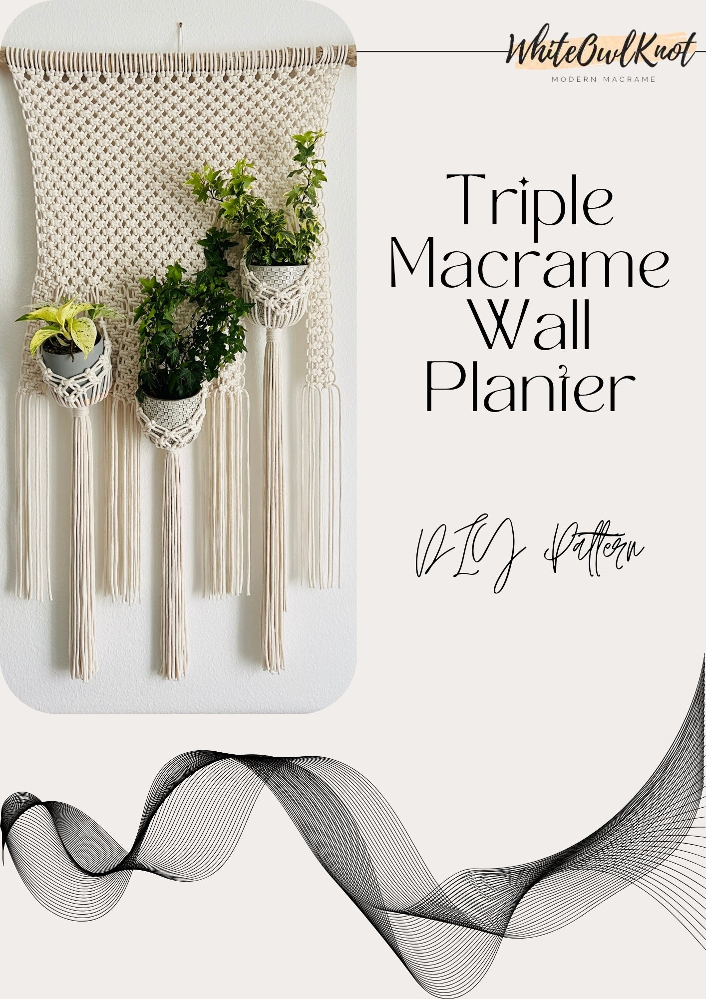 Triple Macrame Wall Planter with plants PDF Pattern on a white background, featuring the brand 'White Owl Knot'.