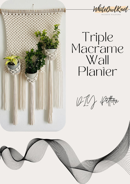 Triple Macrame Wall Planter with plants PDF Pattern on a white background, featuring the brand 'White Owl Knot'.