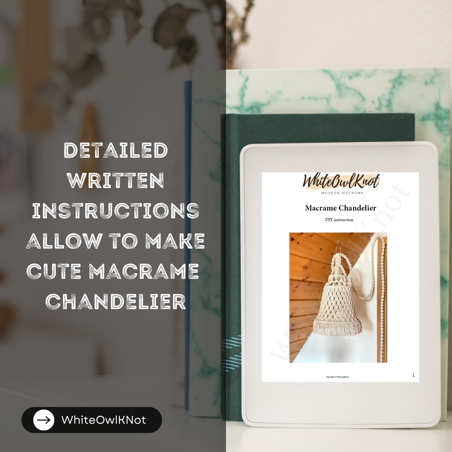 Ebook cover with macrame chandelier design on a blurred background
