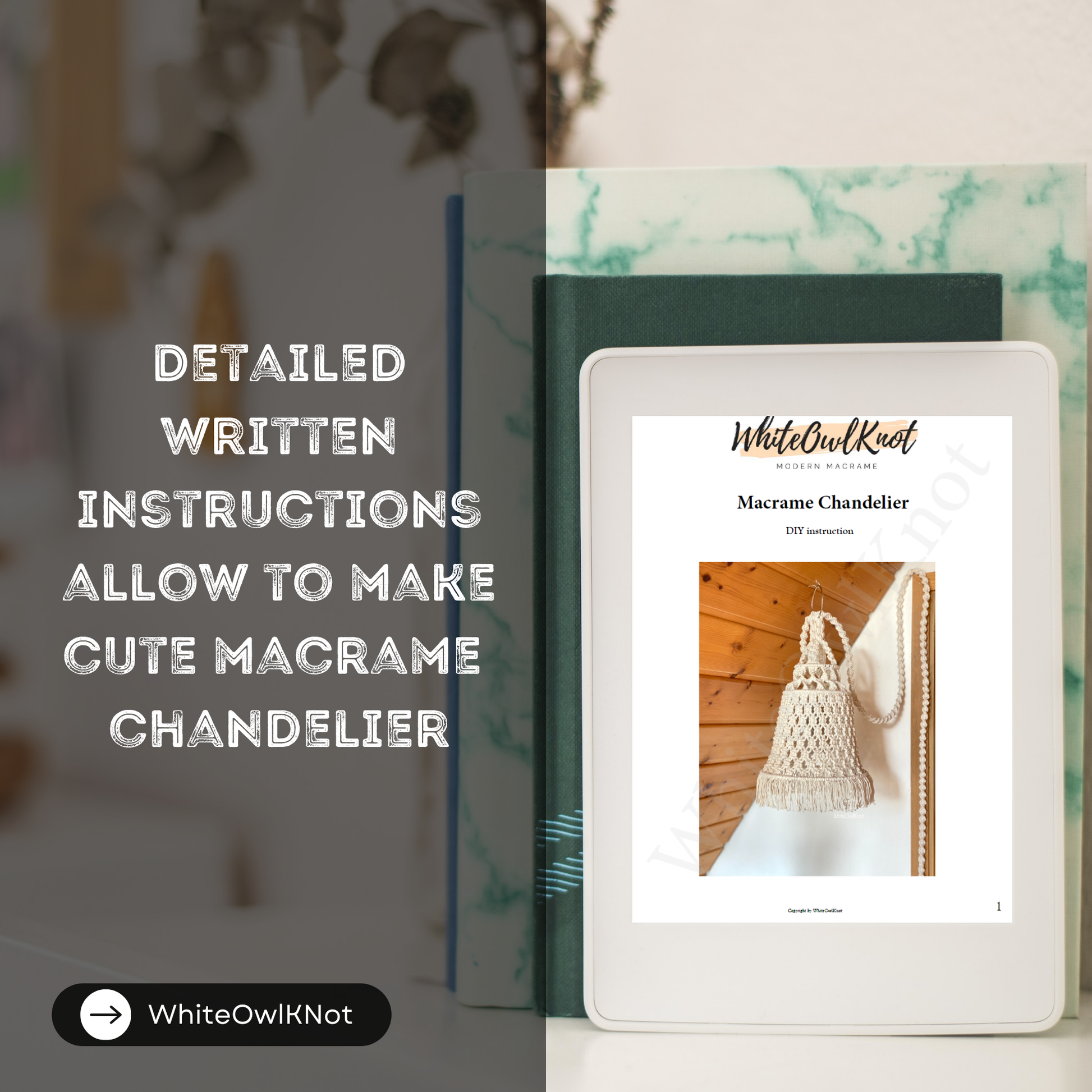 Ebook cover with macrame chandelier design on a blurred background
