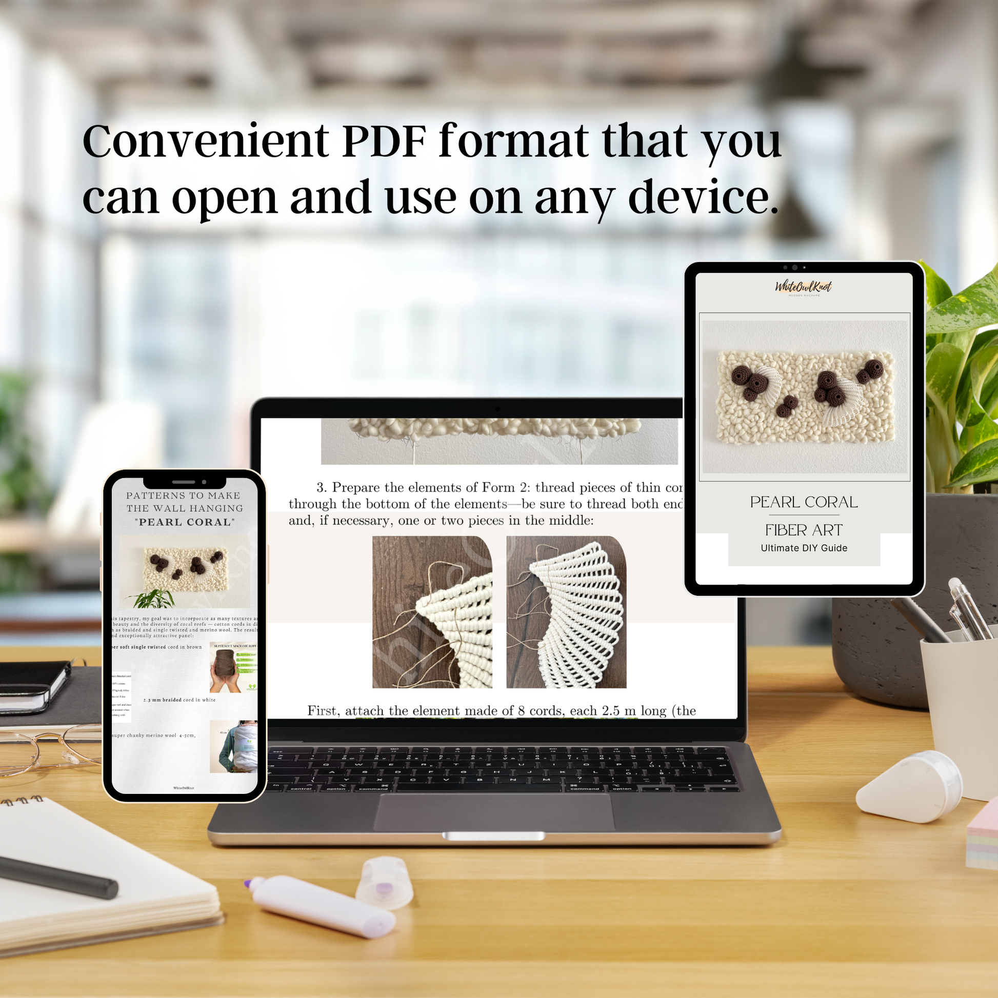 Laptop displaying a PDF on a desk with text about convenient PDF format.