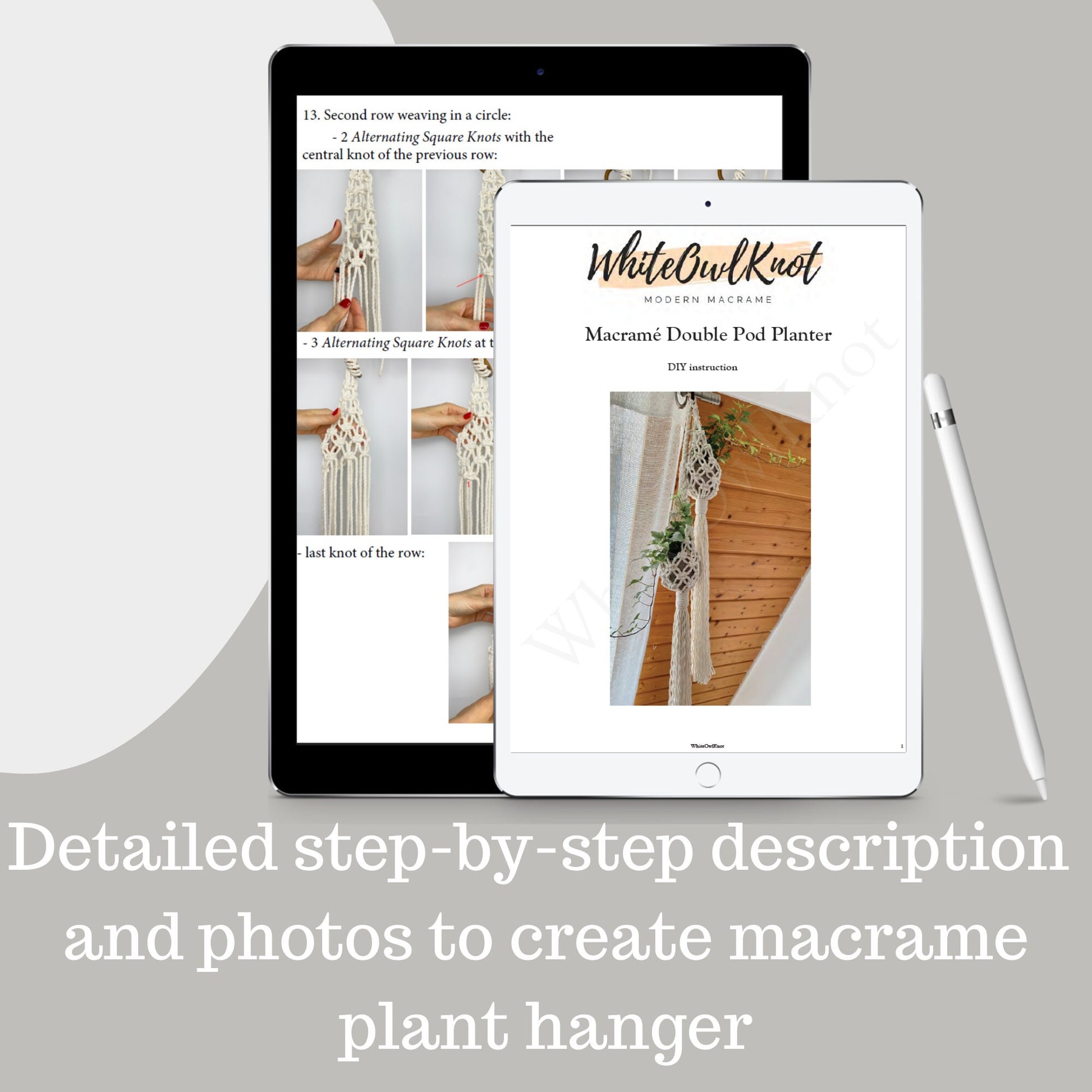 Two tablets displaying a macrame plant hanger tutorial with 'White Owl Knot' branding.