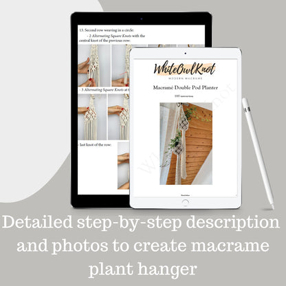 Two tablets displaying a macrame plant hanger tutorial with 'White Owl Knot' branding.