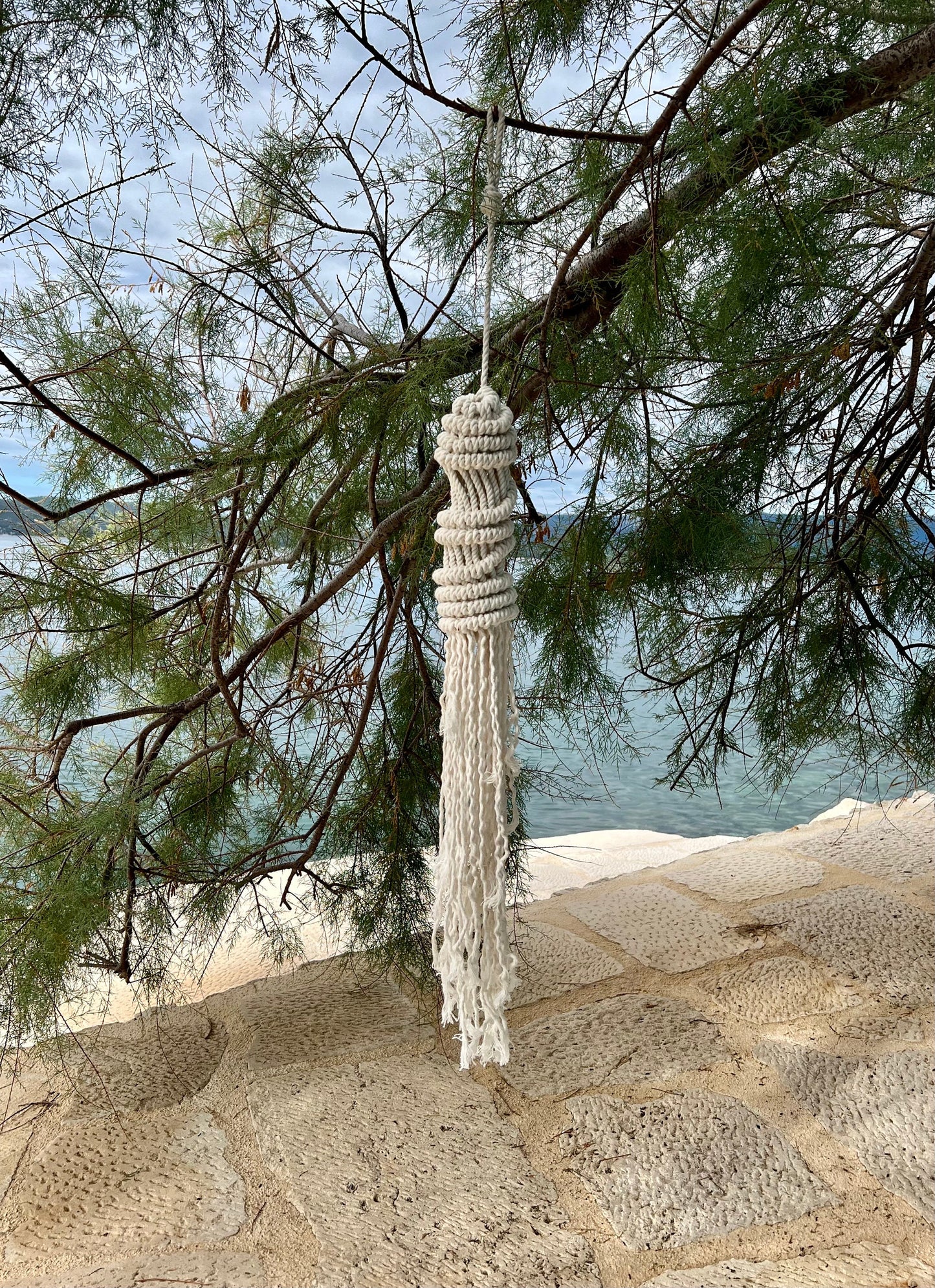 Macrame hanging decor hanging from a tree by a body of water