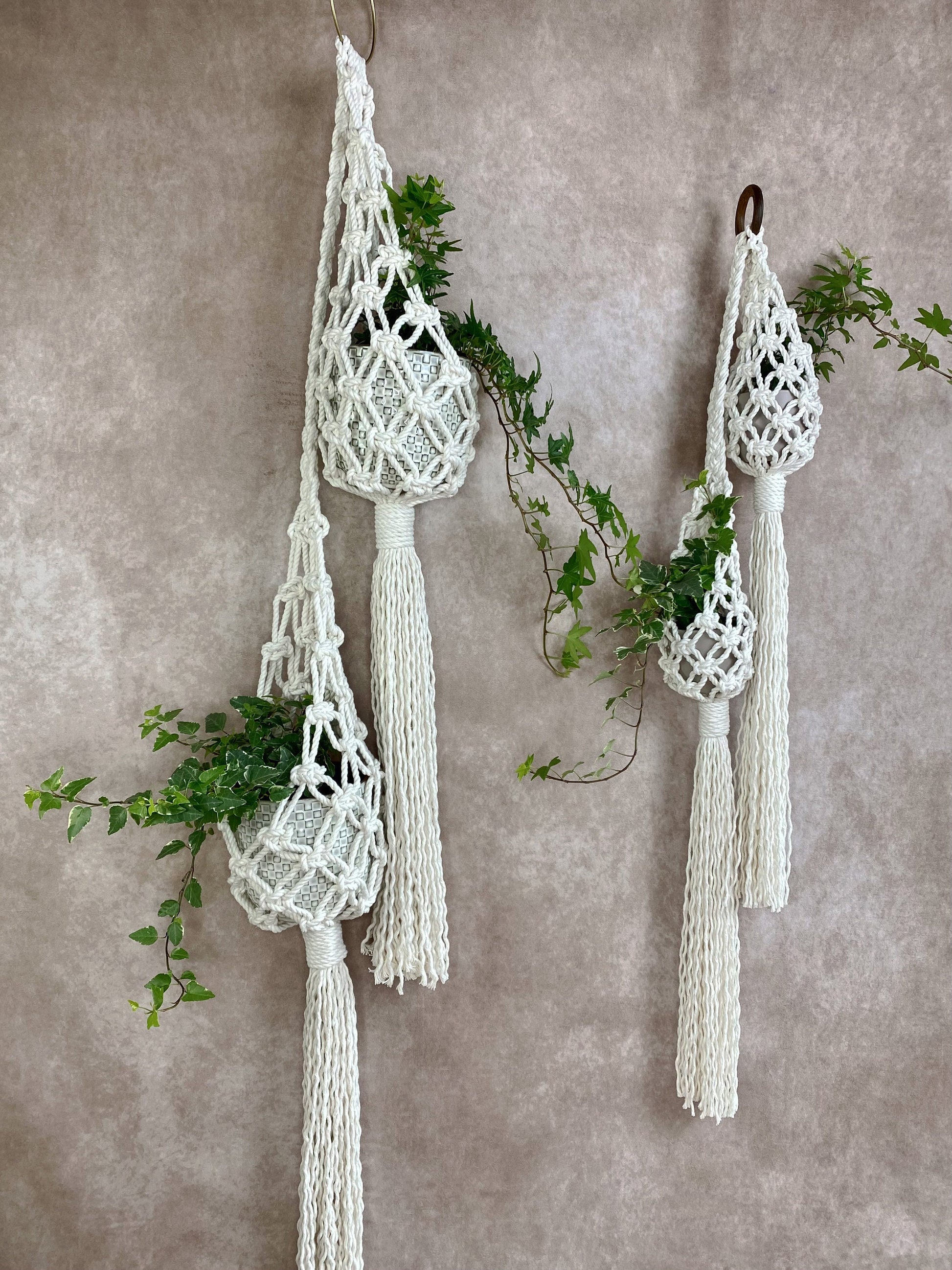 Two macrame plant hangers with tassels hanging against a beige wall.