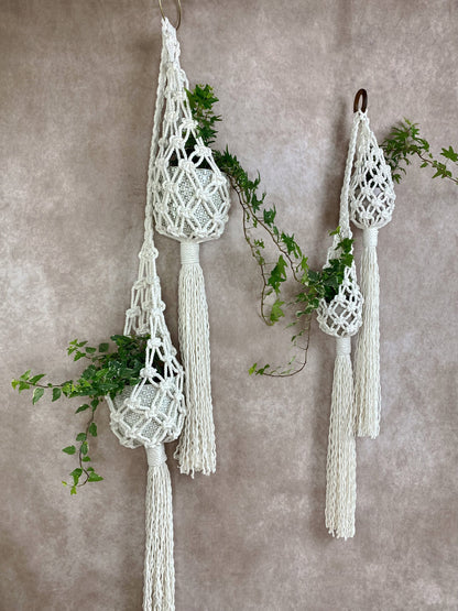 Two macrame plant hangers with tassels hanging against a beige wall.