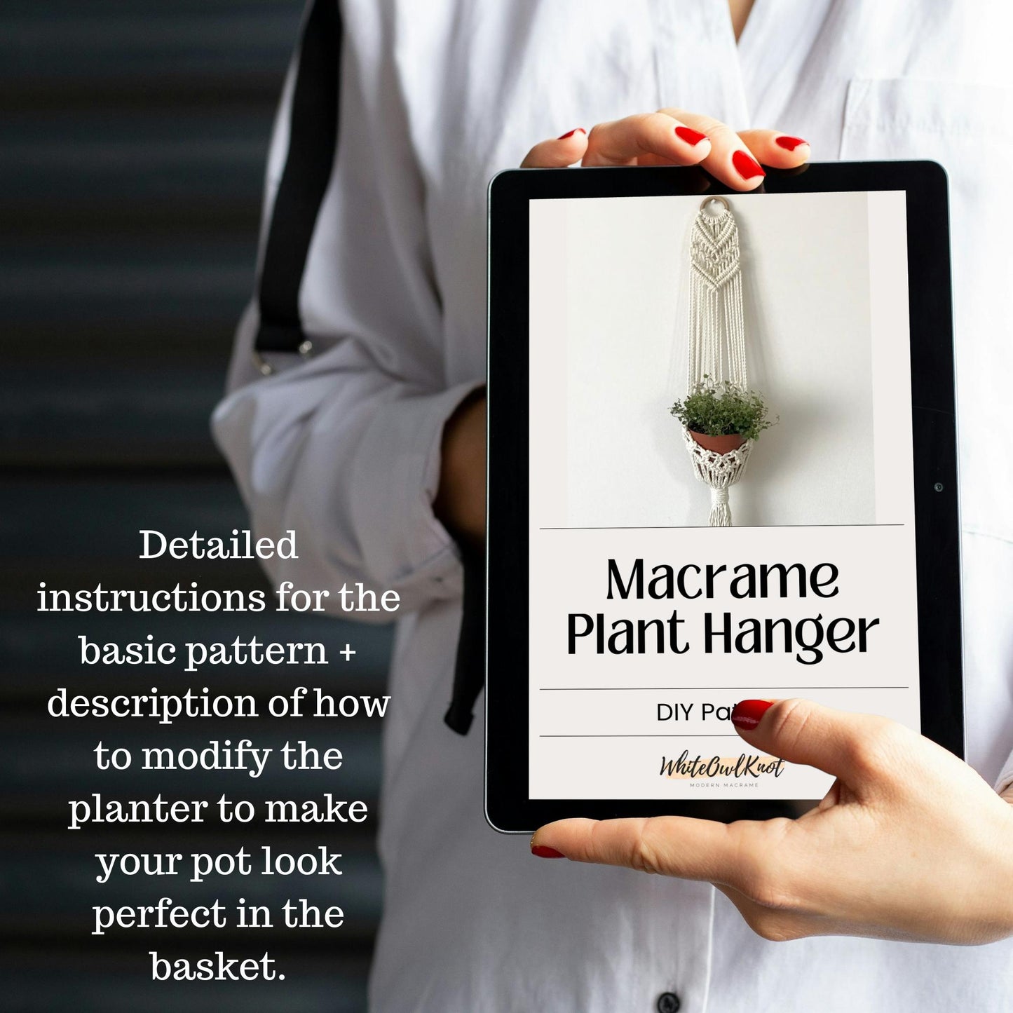 Person holding a tablet with a Macrame Plant Hanger tutorial on a dark background