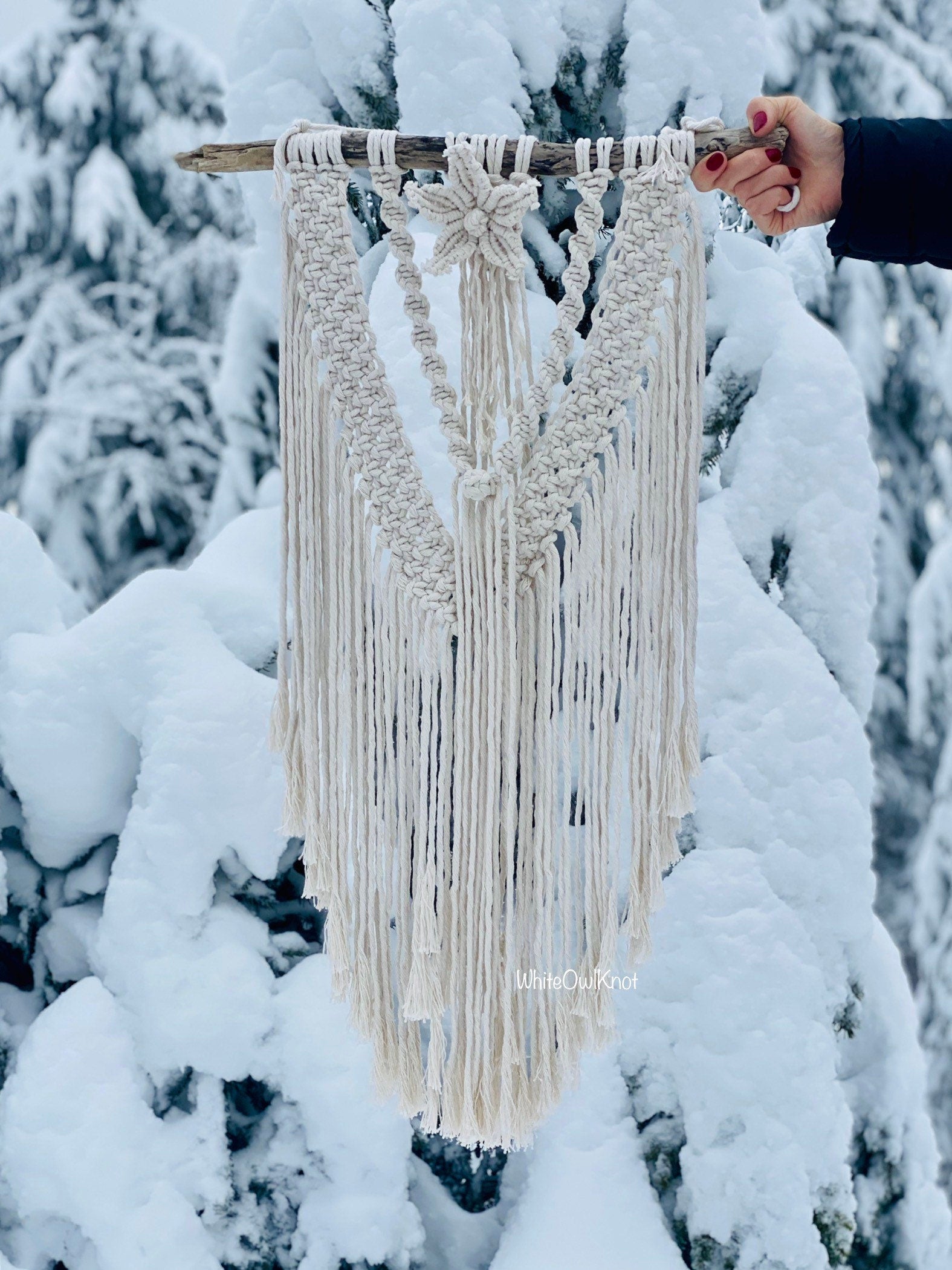 Macrame wall hanging held by a person against a snowy tree background