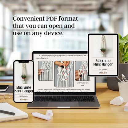 Laptop displaying a Macrame Plant Hanger PDF on a desk with office background