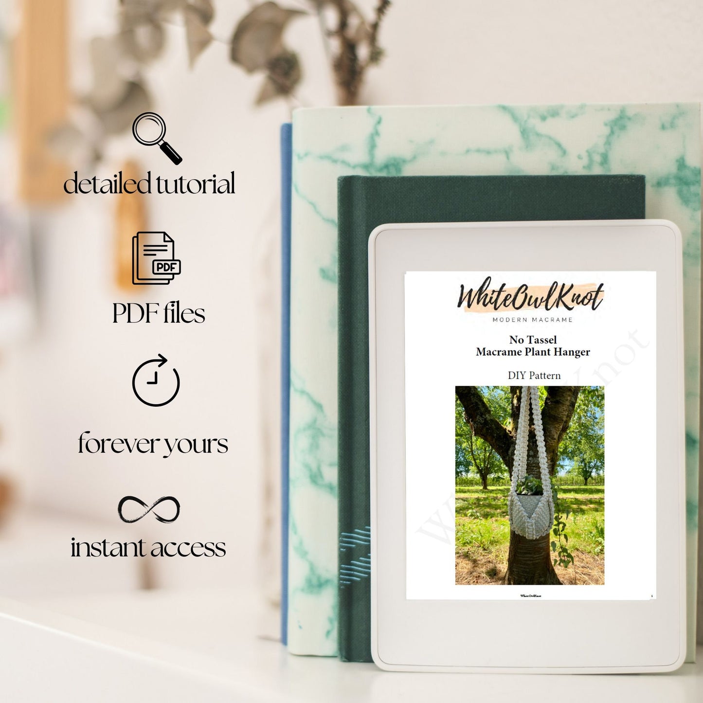 Digital product packaging with a PDF file and a pattern on a blurred natural background