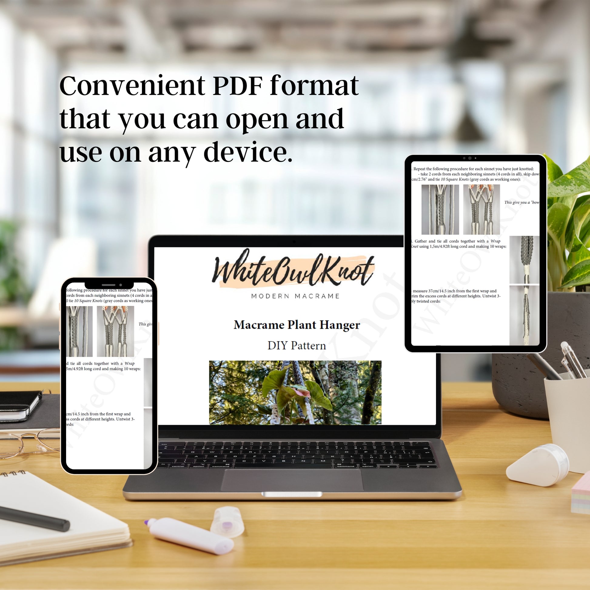Laptop, smartphone, and tablet displaying a DIY pattern on a desk with text about convenient PDF format.