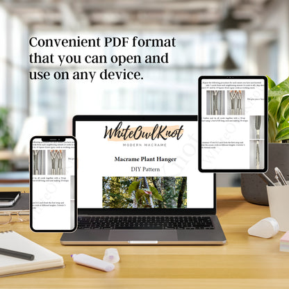 Laptop, smartphone, and tablet displaying a DIY pattern on a desk with text about convenient PDF format.