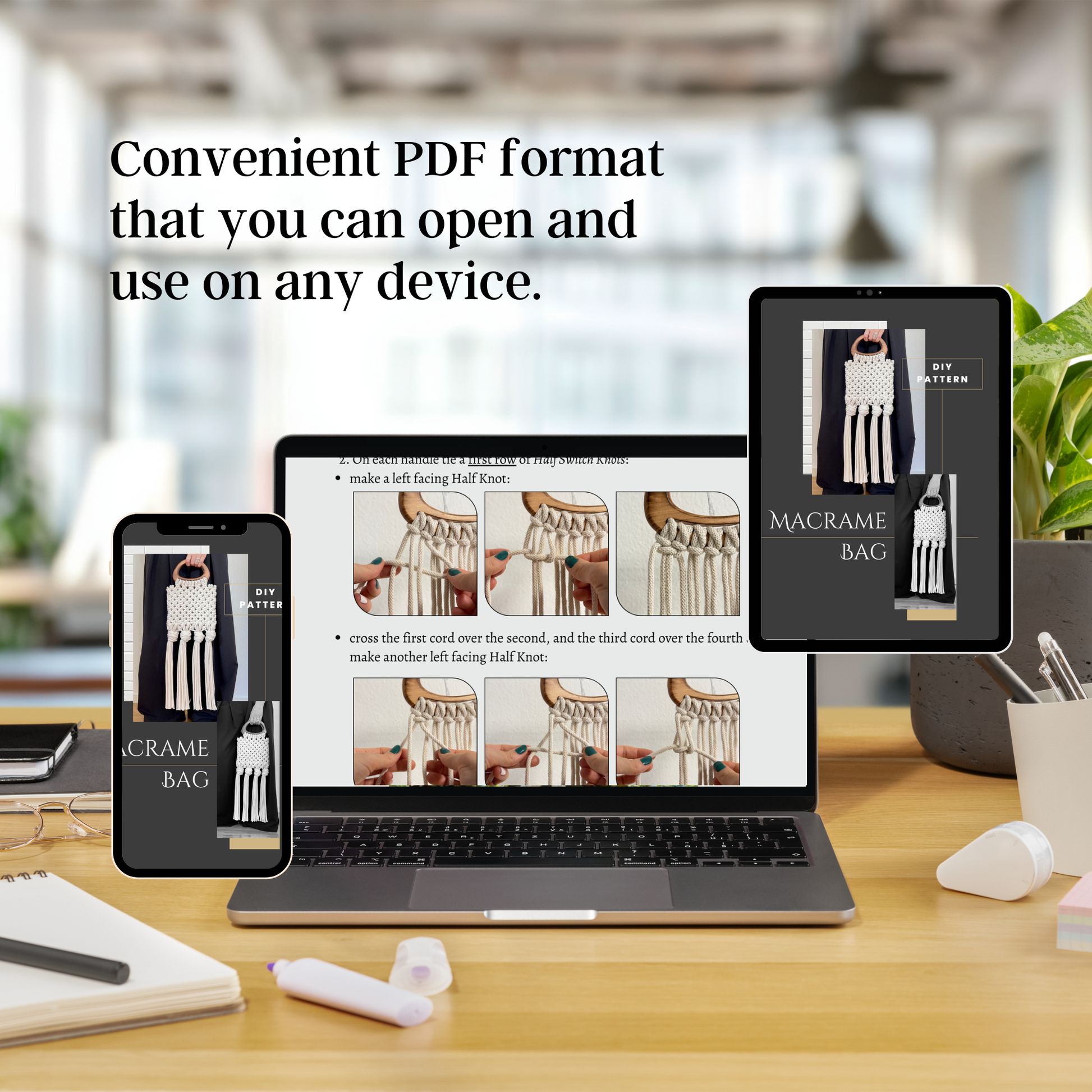 Laptop displaying a macrame bag pattern on a desk with text about PDF format.