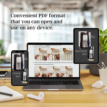 Laptop displaying a macrame bag pattern on a desk with text about PDF format.