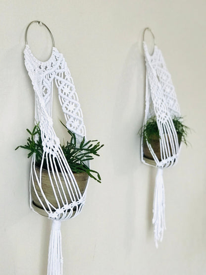 Two white macrame plant hangers with green plants against a beige wall.